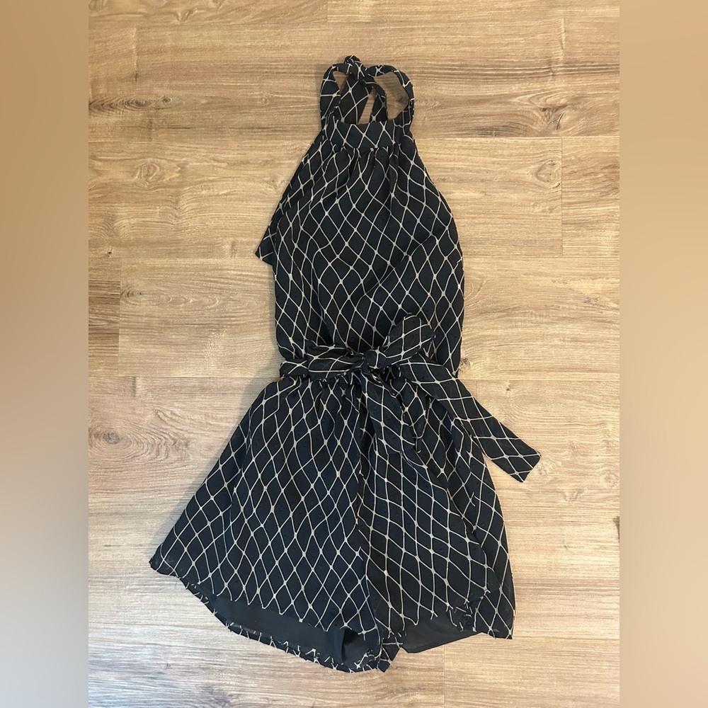Bacio Black and Tan Halter Romper